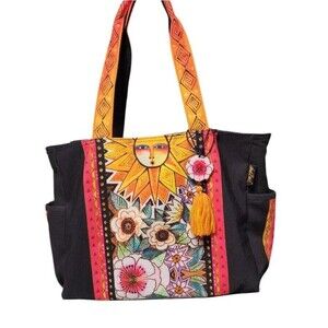 Laurel Burch Sun Salutation Canvas Tote Bag Large Bag Charm Zip Top Pockets